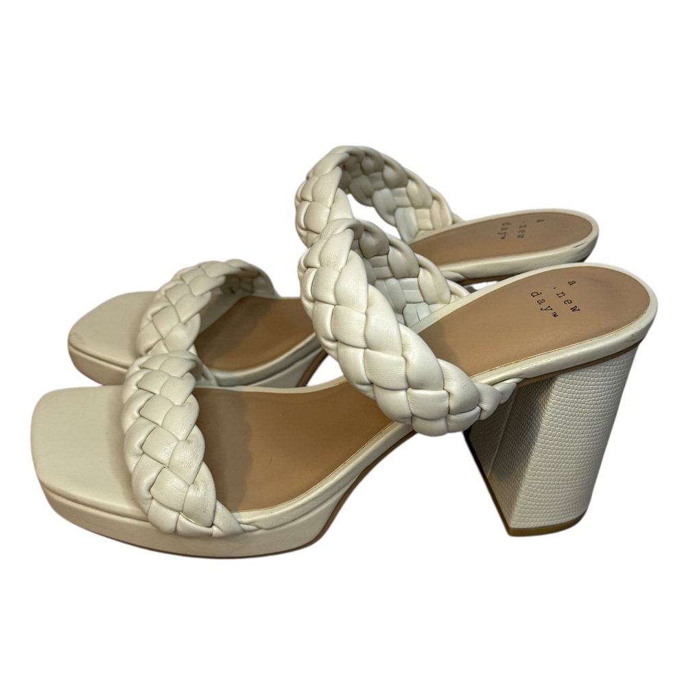A New Day Braided Strap Block Heel Sandals Size 9 Cream Ivory Square Toe - Picture 5 of 7